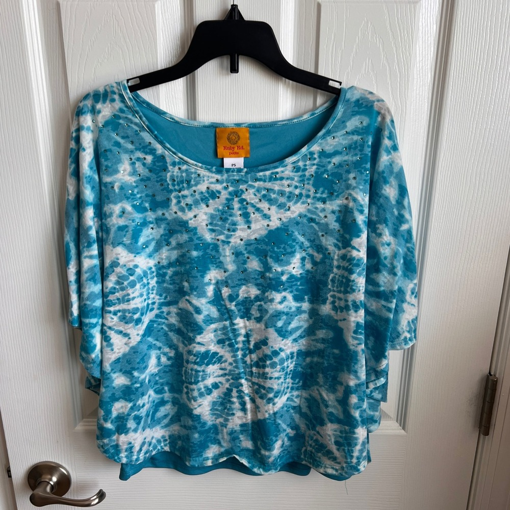 Ruby Rd. Tie Dye Rhinestone Top Petite Short Sleeve Batwing Blouse PS